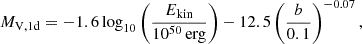 $$ M_{\mathrm {V,1d}} =-1.6 \log _{10}\left (\frac {E_{\mathrm {kin}}}{10^{50}\,{\mathrm {erg}}}\right ) - 12.5 \left (\frac {b}{0.1}\right )^{-0.07}, $$