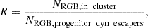 $$ \begin{aligned} R = \frac{N_{\mathrm{RGB,in}\_{\rm cluster}}}{N_{\mathrm{RGB,progenitor}\_{\rm dyn}\_{\rm escapers}}}, \end{aligned} $$