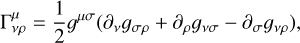 $\[\Gamma_{\nu \rho}^\mu=\frac{1}{2} g^{\mu \sigma}\left(\partial_\nu g_{\sigma \rho}+\partial_\rho g_{\nu \sigma}-\partial_\sigma g_{\nu \rho}\right),\]$