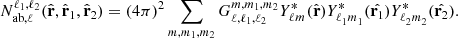 $$ {N_{\mathrm {ab},\ell }^{\ell _1,\ell _2}}({{\hat {{{\mathbf {{{r}}}}}}}}, {\hat {{{\mathbf {{{r}}}}}}}_1, {\hat {{{\mathbf {{{r}}}}}}}_2) = (4 \pi )^2 \sum _{m, m_1, m_2} {G_{\ell , \ell _1, \ell _2}^{m, m_1, m_2}}{Y^*_{\ell _{{}}^{{}}m_{{}}^{{}}}}({\hat {{{\mathbf {r}}}}}){Y^*_{\ell _{{1}}^{{}}m_{{1}}^{{}}}}({\hat {{{\mathbf {r}}}_1}}){Y^*_{\ell _{{2}}^{{}}m_{{2}}^{{}}}}({\hat {{{\mathbf {r}}}_2}}). $$
