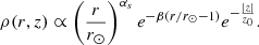 $$ \begin{aligned} \rho (r,z) \propto \left(\frac{r}{r_{\odot }}\right)^{\alpha _s} e^{-\beta (r/r_{\odot }-1)} e^{-\frac{|z|}{z_{\rm 0}}}. \end{aligned} $$