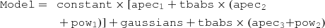 $$ \begin{aligned}{{\tt{Model}}} = &\quad {{\tt{constant\times [apec_{1} + {tbabs}\times ({apec}_{2 }}}}\\ &\quad +{{\tt{pow_{1})] + {{gaussians}}+ {tbabs}\times ({apec}_{3}{+pow}_{2})}}} \end{aligned} $$
