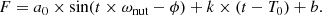 $$ \begin{aligned} F = {a_0}\times \sin ( t\times \omega _{\rm nut} - \phi ) + k\times (t-T_0) + b. \end{aligned} $$