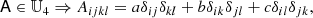 $$ \begin{aligned} \mathsf A \in \mathbb{U} _{4}&\Rightarrow A_{ijkl} = a \delta _{ij} \delta _{kl} + b \delta _{ik} \delta _{jl} + c \delta _{il} \delta _{jk}, \end{aligned} $$