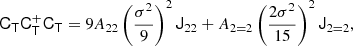 $$ \begin{aligned} \mathsf C _\mathsf{T } \mathsf C _\mathsf{T }^{+} \mathsf C _\mathsf{T }&= 9 A_{22} \left( \frac{\sigma ^{2}}{9} \right)^2 \mathsf J _{22} + A_{2 = 2} \left(\frac{2 \sigma ^{2}}{15} \right)^2 \mathsf J _{2 = 2},\end{aligned} $$