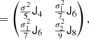 $$ \begin{aligned} &= \begin{pmatrix} \frac{\sigma ^2}{5} \mathsf J _4&\frac{\sigma _1^2}{7} \mathsf J _{6} \\ \frac{\sigma _1^2}{7} \mathsf J _{6}&\frac{\sigma _2^2}{9} \mathsf J _8 \end{pmatrix} , \end{aligned} $$