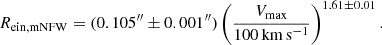 $$ R_\mathrm {ein, mNFW} = (0.105^{{\prime\prime}}\pm 0.001^{{\prime\prime}}) \left (\frac {V_{\mathrm {max}}}{100 \, \mathrm {km \, s^{-1}}} \right )^{1.61 \pm 0.01}. $$