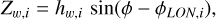 Z_{w,i} = h_{w,i} \, \sin(\phi - \phi_{LON,i} ) ,