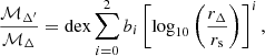$$ \frac {{\cal {{M}}}_{\Delta '}}{{\cal {{M}}}_{\Delta }} = \mathrm {dex}\sum _{i = 0}^2 b_i \left [\log _{10}\left (\frac {r_{\Delta }}{r_\mathrm {s}}\right )\right ]^i, $$
