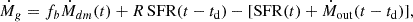 $$ \begin{aligned} \dot{M}_g = f_b\dot{M}_{dm}(t) + R\,\mathrm{SFR}(t-t_{\rm d}) - [\mathrm{SFR}(t) + \dot{M}_{\rm out}(t-t_{\rm d})], \end{aligned} $$