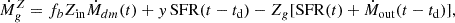 $$ \begin{aligned} \dot{M}_g^Z = f_b Z_{\rm in}\dot{M}_{dm}(t) + y\,\mathrm{SFR}(t-t_{\rm d}) - Z_g [\mathrm{SFR}(t) +\dot{M}_{\rm out}(t-t_{\rm d})], \end{aligned} $$