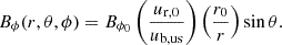 $$ \begin{aligned} B_{\rm {\phi }}(r,\theta ,\phi ) = B_{\rm {\phi _0}} \left(\frac{u_{\rm {r,0}}}{u_{\rm {b,us}}}\right) \left(\frac{r_0}{r}\right) \sin {\theta }. \end{aligned} $$