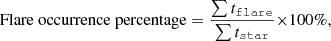 $$ \begin{aligned} \mathrm{Flare\ occurrence\ percentage}=\frac{\sum \limits {t}_\mathtt{{flare} }}{\sum \limits {t}_\mathtt{{star} }}{\times }{100}{\%}, \end{aligned} $$