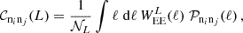 $$ {\cal {{C}}}_{{\mathrm {n}_i\mathrm {n}_j}} (L) = \frac {1}{{\cal {{N}}}_L} \int \ell \;\mathrm {d} \ell \, W^L_{\mathrm {EE}}(\ell )\; {\cal {{P}}}_{\mathrm {n}_i\mathrm {n}_j}(\ell ) \,, $$