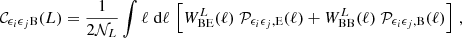 $$ {\cal {{C}}}_{\epsilon _i\epsilon _j{\mathrm {B}}} (L) = \frac {1}{2 {\cal {{N}}}_L} \int \ell \;\mathrm {d} \ell \, \left [W^L_{\mathrm {BE}}(\ell )\; {\cal {{P}}}_{\epsilon _i\epsilon _j,\mathrm {E}}(\ell ) + W^L_{\mathrm {BB}}(\ell )\; {\cal {{P}}}_{\epsilon _i\epsilon _j,\mathrm {B}}(\ell ) \right ]\,, $$