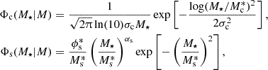 $$ \begin{aligned}\Phi _\mathrm {c}(M_\star |M) &= \frac {1}{\sqrt {2\uppi }\ln (10)\sigma _\mathrm {c}M_\star }\exp \left [-\frac {\log (M_\star /M^*_\mathrm {c})^2}{2\sigma ^2_\mathrm {c}}\right ],\\ \Phi _\mathrm {s}(M_\star |M) &= \frac {\phi ^*_\mathrm {s}}{M^*_\mathrm {s}}\left (\frac {M_\star }{M^*_\mathrm {s}}\right )^{\alpha _\mathrm {s}}\exp \left [-\left (\frac {M_\star }{M^*_\mathrm {s}}\right )^2\right ], \end{aligned} $$