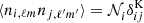 $ \langle n_{i,\ell m} n_{j,\ell ^\prime m^\prime }\rangle = {\cal {{N}}}^{ }_{i} \delta ^\mathrm {K}_{ij} $