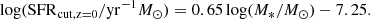 $$ \begin{aligned} \log (\mathrm{SFR}_{\rm cut, z = 0}/\mathrm{yr}^{-1}M_{\odot }) = 0.65\log (M_*/M_\odot ) - 7.25. \end{aligned} $$