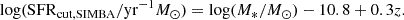 $$ \begin{aligned} \log (\mathrm{SFR}_{\rm cut,SIMBA}/\mathrm{yr}^{-1}M_{\odot }) = \log (M_*/M_\odot ) - 10.8 + 0.3z. \end{aligned} $$