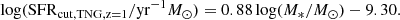 $$ \begin{aligned} \log (\mathrm{SFR}_{\rm cut,TNG,z=1}/\mathrm{yr}^{-1}M_{\odot }) = 0.88\log (M_*/M_\odot ) -9.30. \end{aligned} $$