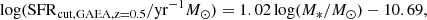 $$ \begin{aligned} \log (\mathrm{SFR}_{\rm cut,GAEA,z=0.5}/\mathrm{yr}^{-1}M_{\odot }) = 1.02\log (M_*/M_\odot )-10.69, \end{aligned} $$