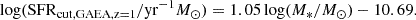 $$ \begin{aligned} \log (\mathrm{SFR}_{\rm cut,GAEA,z=1}/\mathrm{yr}^{-1}M_{\odot }) = 1.05\log (M_*/M_\odot ) -10.69. \end{aligned} $$