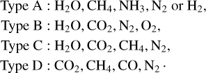 \mathrm{Type~A:~} &\ce{H2O}, \ce{CH4}, \ce{NH3}, \ce{N2} \mathrm{~or~} \ce{H2,}\nonumber \\ \mathrm{Type~B:~} &\ce{H2O}, \ce{CO2}, \ce{N2}, \ce{O2,}\label{eq:Types}\\ \mathrm{Type~C:~} &\ce{H2O}, \ce{CO2}, \ce{CH4}, \ce{N2,} \nonumber\\ \mathrm{Type~D:~} &\ce{CO2}, \ce{CH4}, \ce{CO} , \ce{N2.}\nonumber