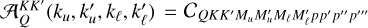 $\mathcal{A}_Q^\frame{KK\prime}\left(\nolbrace \frame{\frame{k_u},k_u^\prime ,\frame{k_\ell },k_\ell ^\prime } \norbrace\right) = \frame{C_\frame{QKK\prime\frame{M_u}M_u^\prime \frame{M_\ell }M_\ell ^\prime pp\primep\prime \primep\prime \prime \prime}}$