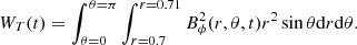 $$ \begin{aligned} W_T(t) = \int _{\theta = 0}^{\theta =\pi } \int _{r = 0.7}^{r = 0.71} B_{\phi }^2(r,\theta ,t) r^2 \sin \theta \mathrm{d}r \mathrm{d}\theta . \end{aligned} $$