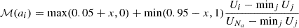 $$ \begin{aligned} \mathcal{M} (a_i) = \max (0.05+x, 0) + \min (0.95-x, 1) \frac{U_i - \min _j U_j}{U_{N_a} - \min _j U_j} \end{aligned} $$