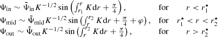 $$ \begin{aligned} \begin{array}{lcc} \Psi _{\rm in} \sim \tilde{\Psi }_{\rm in} K^{-1/2} \sin \left(\int _{r_1}^r K\mathrm{d} r + \frac{\pi }{4}\right),&\mathrm{for}&r < r_1^\star \\ \Psi _{\rm mid} \sim \tilde{\Psi }_{\rm mid} K^{-1/2} \sin \left(\int _r^{r_2} K\mathrm{d} r + \frac{\pi }{4}+\varphi \right),&\mathrm{for}&r_1^\star < r < r_2^\star \\ \Psi _{\rm out} \sim \tilde{\Psi }_{\rm out} K^{-1/2} \sin \left(\int _r^{r_2} K\mathrm{d} r + \frac{\pi }{4}\right),&\mathrm{for}&r > r_2^\star \end{array} \end{aligned} $$