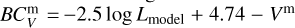 $BC_V^{\rm{m}} = - 2.5\log {L_{{\rm{model\;}}}} + 4.74 - {V^{\rm{m}}}$