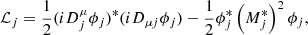 $$ {{\cal {{L}}}_j} = \frac {1}{2} (i D^{\mu }_{j} \phi _{j})^* (i D_{\mu j} \phi _{j})-\frac {1}{2}\phi _{j}^* \left (M_{j}^*\right )^2 \phi _{j}, $$