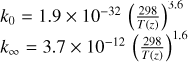 \begin{tabular}[c]{@{}l@{}}$k_0 = 1.9\times 10^{-32} \, \left ( \frac{298}{T(z)} \right )^{3.6}$\\ $k_{\infty} = 3.7\times 10^{-12} \, \left ( \frac{298}{T(z)} \right )^{1.6}$\end{tabular}