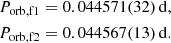$$ \begin{aligned} \begin{aligned} P_{\mathrm{orb, f1} }&= 0.044571(32)\,\mathrm{d}, \\ P_{\mathrm{orb, f2} }&= 0.044567(13)\,\mathrm{d}. \end{aligned} \end{aligned} $$