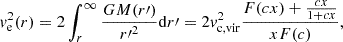 $$ \begin{aligned} v_{\rm e}^2(r) = 2 \int _r^{\infty } \frac{GM(r\prime )}{r{\prime }^2} \mathrm{d}r\prime = 2 v_{\mathrm{c,vir}}^2 \frac{F(cx) + \frac{cx}{1+cx}}{xF(c)}, \end{aligned} $$