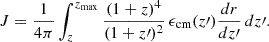 $$ \begin{aligned} J = \frac{1}{4\pi } \int _{z}^{z_{\max }} \frac{(1 + z)^4}{(1 + z\prime )^2} \, \epsilon _{\rm cm}(z\prime ) \frac{dr}{dz\prime } \, dz\prime . \end{aligned} $$