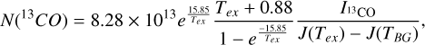 N(^{13}CO) = 8.28\times10^{13} e^{\frac{15.85}{T_{ex}}} \frac{T_{ex}+0.88}{1-e^{\frac{-15.85}{T_{ex}}}} \frac{ I_{^{13}{\rm CO}}}{J(T_{ex})-J(T_{BG})},