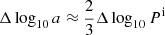 $ \Delta\log_{10}a \approx \frac{2}{3} \Delta\log_{10}P^{\mathrm{i}} $