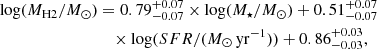 $$ \begin{aligned}\log (M_{\mathrm {H2}}/M_{\odot })&= 0.79^{+0.07}_{-0.07} \times \log (M_{\star }/M_{\odot }) + 0.51^{+0.07}_{-0.07} \\ &\quad \times \log (SFR/(M_{\odot }\,{\mathrm {yr}}^{-1})) + 0.86^{+0.03}_{-0.03}, \end{aligned} $$
