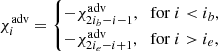 $$ \chi _i^{{\mathrm {adv}}} = \begin {cases}-\chi _{2i_b - i - 1}^{{\mathrm {adv}}}, &{\mathrm {for}}\ i < i_b, \\ -\chi _{2i_e - i + 1}^{{\mathrm {adv}}}, &{\mathrm {for}}\ i >i_e, \end {cases} $$