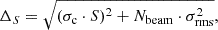 $$ \begin{aligned} \Delta _S = \sqrt{ (\sigma _{\rm c}\cdot S)^2 + N_{\rm beam}\cdot \sigma _{\rm rms}^2} , \end{aligned} $$