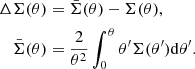 $$ \begin{aligned} \Delta \Sigma (\theta )&= \bar{\Sigma }(\theta ) - \Sigma ({\theta }),\nonumber \\ \bar{\Sigma }(\theta )&= \frac{2}{\theta ^2} \int _{0}^{\theta } \theta ^{\prime } \Sigma (\theta ^{\prime })\mathrm{d} \theta ^{\prime }. \end{aligned} $$