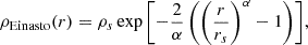 $$ \begin{aligned} \rho _{\rm Einasto}(r) = \rho _s \exp {\left[-\frac{2}{\alpha }\left(\left( \frac{r}{r_s}\right)^{\alpha } -1 \right)\right]}, \end{aligned} $$