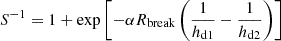 $ S^{-1} = 1 + \exp\left[-\alpha R_{\mathrm{break}}\left(\frac{1}{h_{\mathrm{d1}}} - \frac{1}{h_{\mathrm{d2}}}\right)\right] $