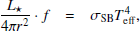 $$ \begin{aligned} \frac{L_\star }{4\pi r^2}\cdot f&= \sigma _{\rm SB}T_{\rm eff}^4, \end{aligned} $$