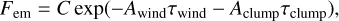$\[F_{\mathrm{em}}=C ~\exp \left(-A_{\text {wind }} \tau_{\text {wind }}-A_{\text {clump }} \tau_{\text {clump }}\right),\]$