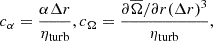 $$ \begin{aligned} c_\alpha = \frac{\alpha \Delta r}{\eta _\mathrm{turb} }, c_\Omega = \frac{\partial \overline{\Omega }/\partial r (\Delta r)^3}{\eta _\mathrm{turb} }, \end{aligned} $$