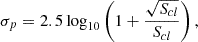 $$ \sigma _{p} = 2.5 \log _{10} \left (1 + \frac {\sqrt {S_{cl}}}{S_{cl}} \right ), $$