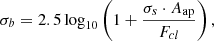$$ \sigma _{b} = 2.5 \log _{10} \left (1 + \frac {\sigma _{s}\cdot A_{\mathrm {ap}}}{F_{cl}} \right ), $$